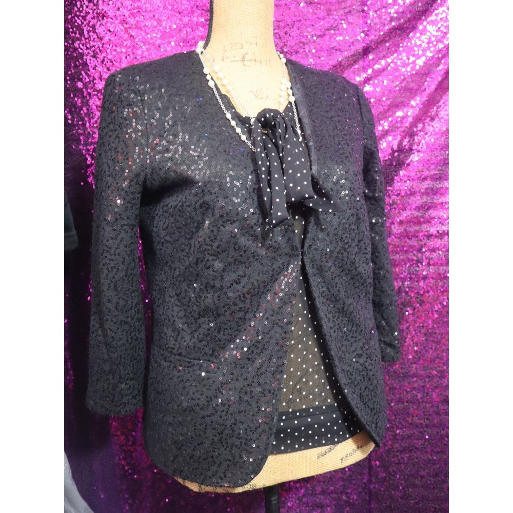 Black Sequin Blazer 4 Charter Club Womens Collarless Open Front 3/4 Sleeve